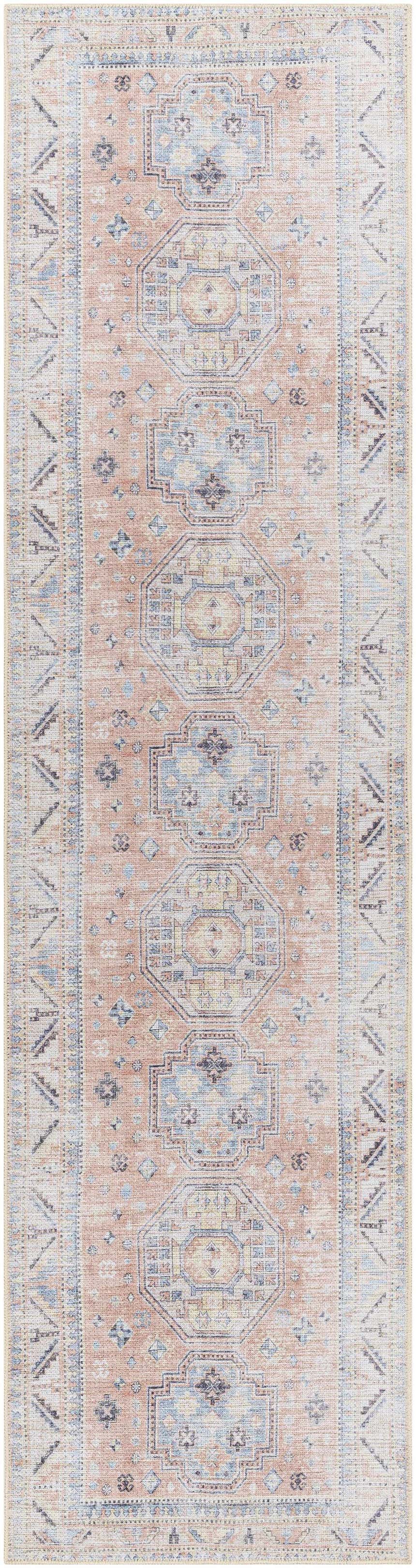 Close-up of the Morcott Peach Washable Area Rug featuring a traditional design with peach, blue, ivory, and oatmeal hues. Design-Runner-2710