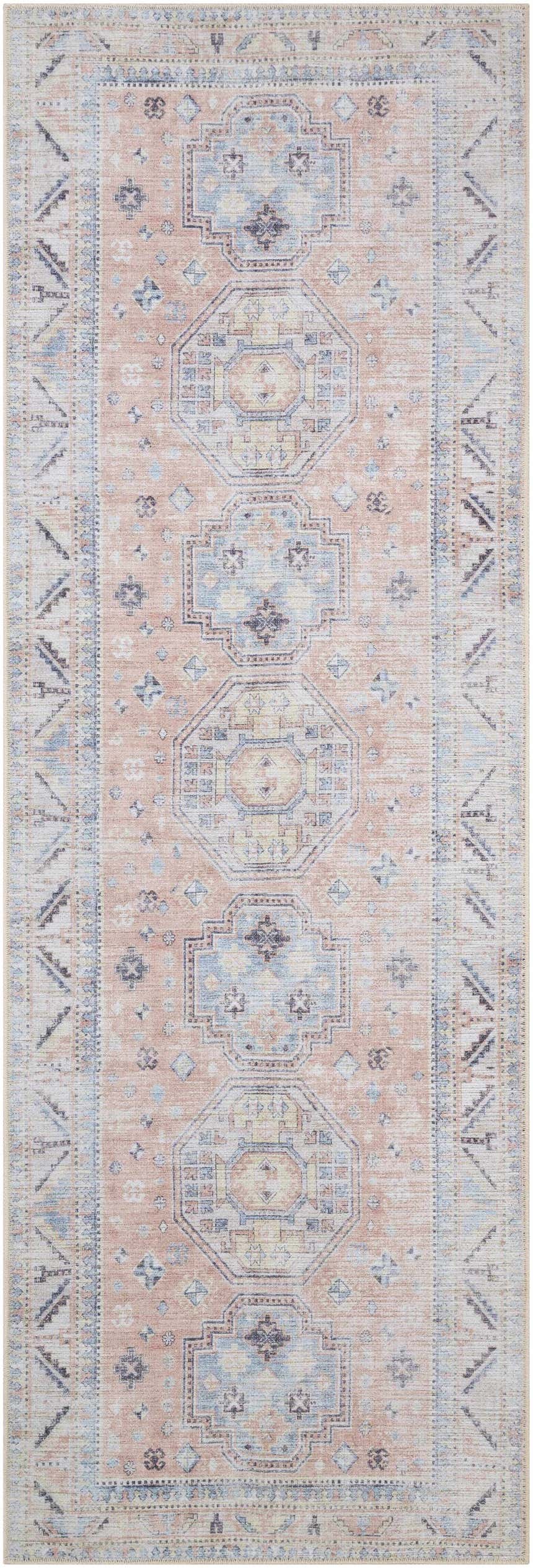 Close-up of the Morcott Peach Washable Area Rug, featuring a traditional design in peach, blue, ivory, and black tones. Design-Runner-2773