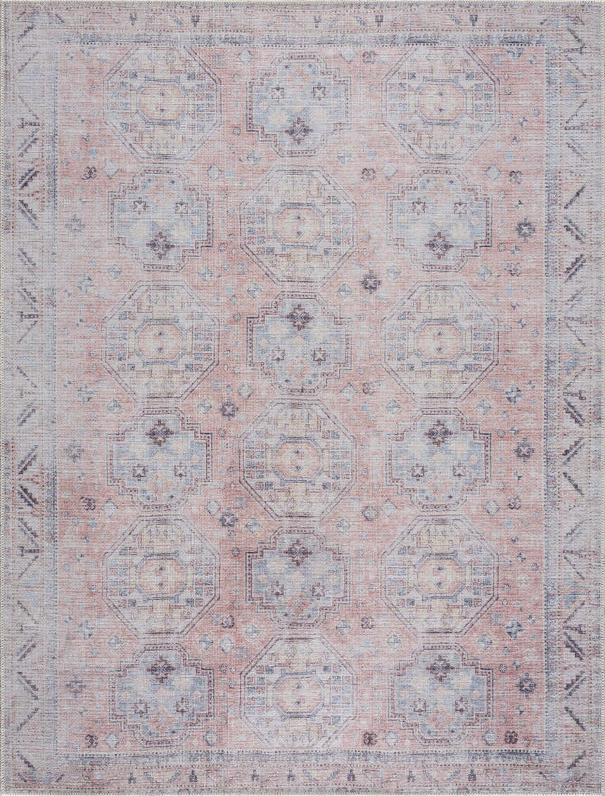 Close-up of the Morcott Peach Washable Area Rug, featuring a traditional oriental design in peach, ivory, and pale blue hues. Design-Rectangle-537