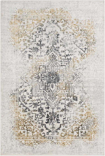 Close-up of the Morriston Faux Silk Rug. Features a traditional, vintage-inspired pattern in charcoal, gray, and mustard tones. Design-Rectangle-5373