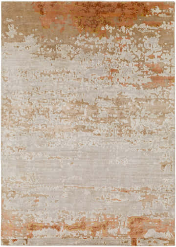 Close-up of the hand-knotted Mossyrock Premium Rug. Brick red, camel, cream, and gray contemporary design. Viscose and wool blend. Design-Rectangle