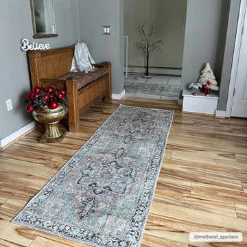 Entryway with wood floors and a Green Nisa Tumble Dry Washable Rug runner in a vintage Persian style. Roomscene-Runner