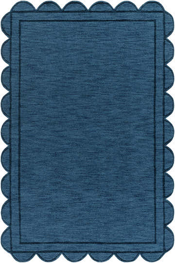 Close-up of the hand-loomed Uhuro Blue Geometric Area Rug, featuring a unique scalloped edge and textured wool. Design-Rectangle-576