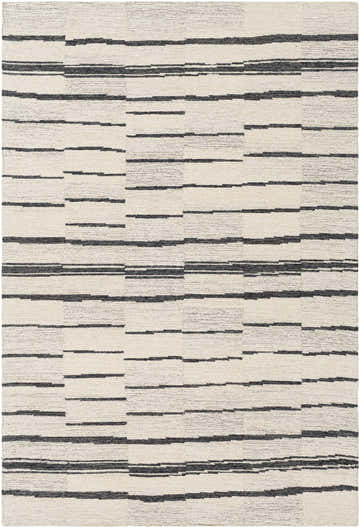 Close-up of a Moorebank Black Striped Wool Rug. Beige wool with a modern, geometric black stripe pattern. Hand-tufted texture. Design-Rectangle-576