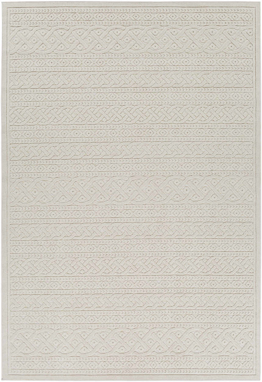 Close-up of the cream Maribyrnong 3D Outdoor Area Rug. Features a geometric, bohemian-inspired pattern. Design-Rectangle-5373
