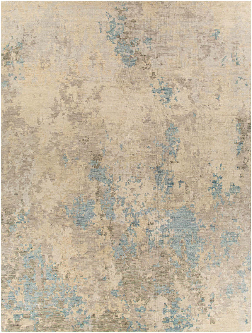 Close-up of the Marco Handmade Wool Rug. Abstract design in cream, light beige, gray, and denim. Hand-knotted texture. Design-Rectangle-912