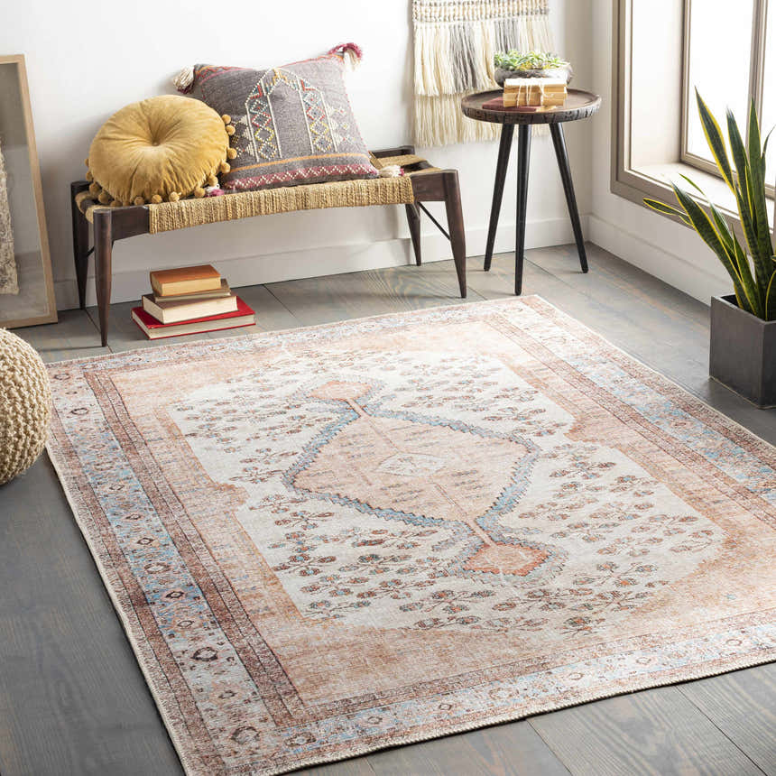 Cozy living room scene with a beige and blue Oriental style Moora Washable Area Rug, bench, pillows, and houseplant. Roomscene-Rectangle