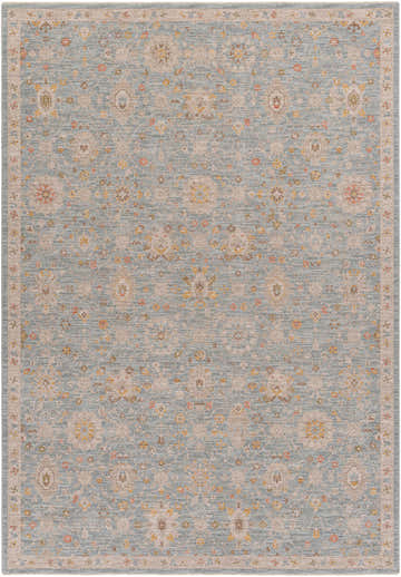 Close-up of Mira Thick Luxe Oushak Rug. Traditional floral pattern in amber, dusty pink, and light olive on a medium gray background. Design-Rectangle-6796