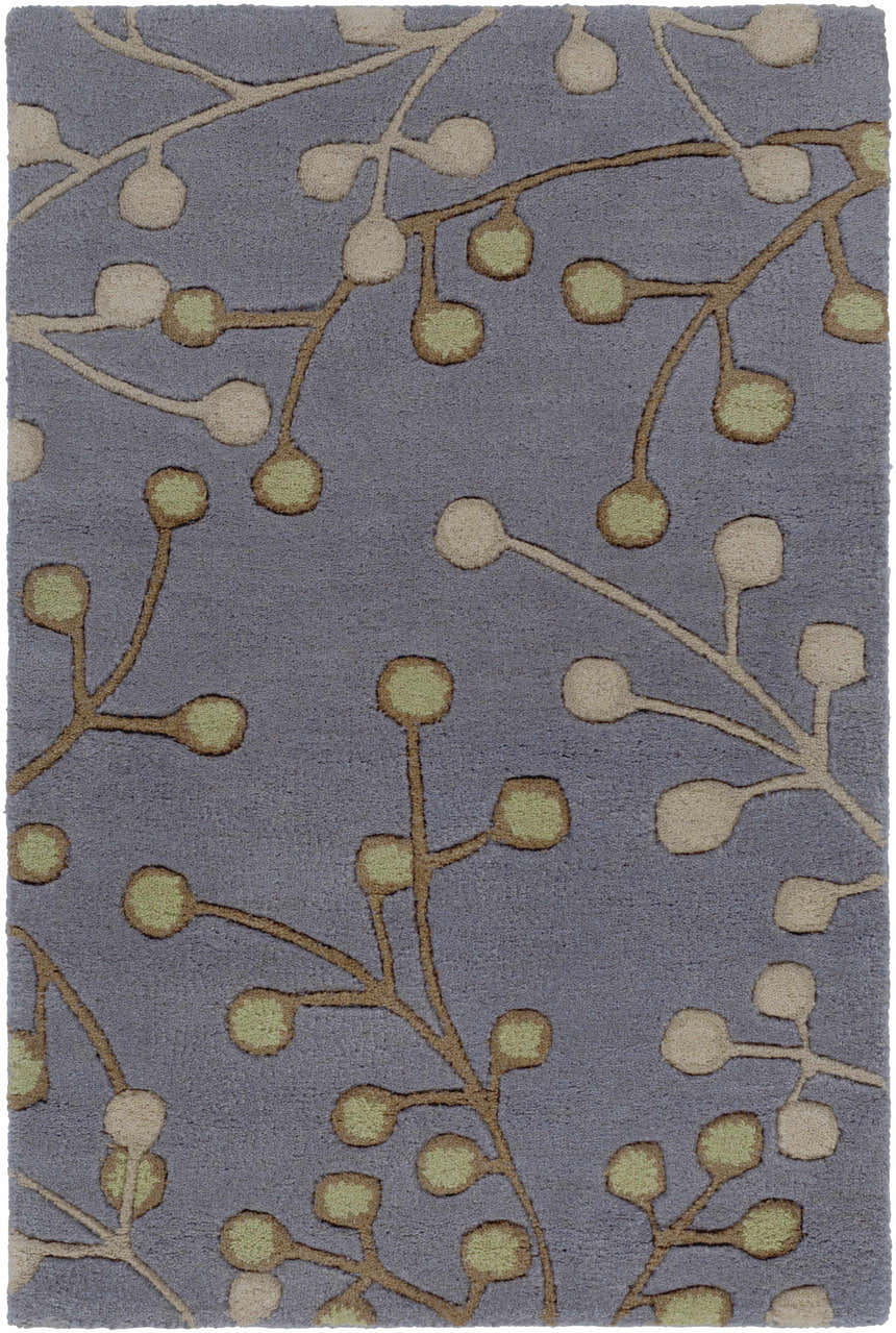 Close-up of the Elsu Brown Beige Wool Rug with a botanical design in light brown, beige, and green on a gray background. Design-Rectangle-23