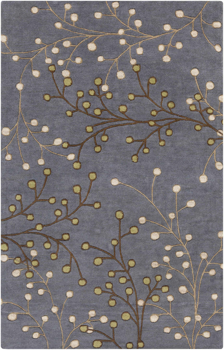 Close-up of the Elsu Brown Beige Wool Rug. Features a floral design with brown stems and beige & green buds on a gray background. Design-Rectangle-58