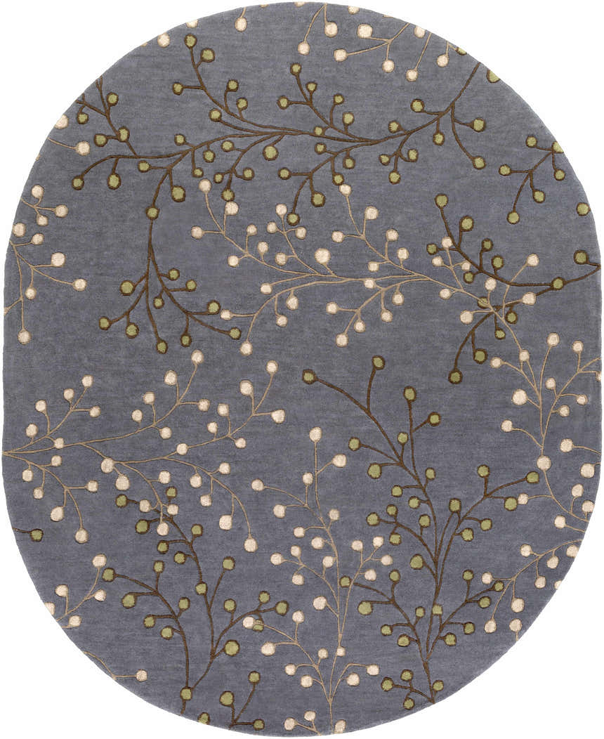Close-up of the Elsu Brown Beige Wool Rug, featuring a floral pattern with brown branches and beige and green buds. Design-Oval-810