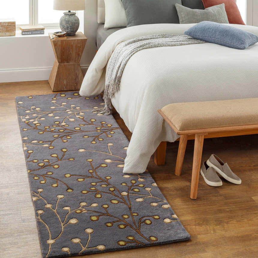 Bedroom scene with Elsu Brown Beige Wool Rug runner featuring a floral design in brown, beige, and green. Roomscene-Runner