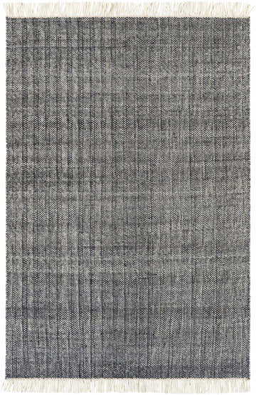 Close-up of the hand woven Morrisburg Wool Tassel Carpet. Charcoal, cream, and gray rug with a vertical striped pattern. Design-Rectangle-576