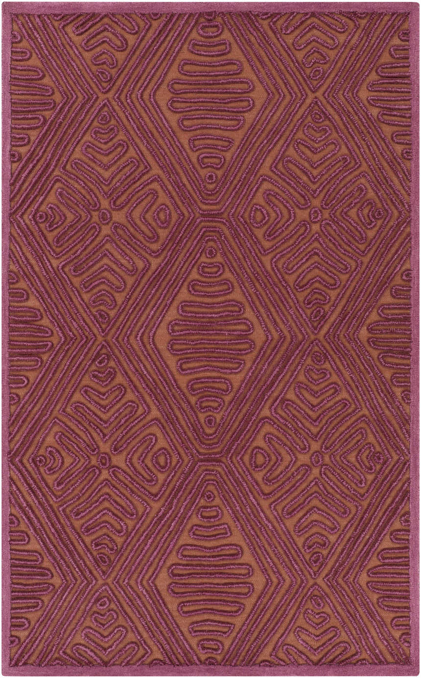 Close-up of Mylo Area Rug. Hand-woven wool rug with geometric diamond pattern in burnt orange and mauve hues. Design-Rectangle-576