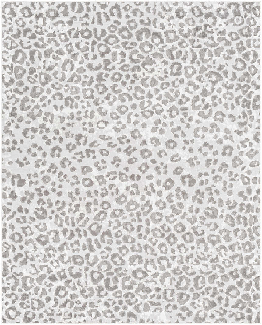 Close-up of the Nagambie Leopard Print Area Rug; gray leopard spots on a light gray background. Design-Rectangle-71010