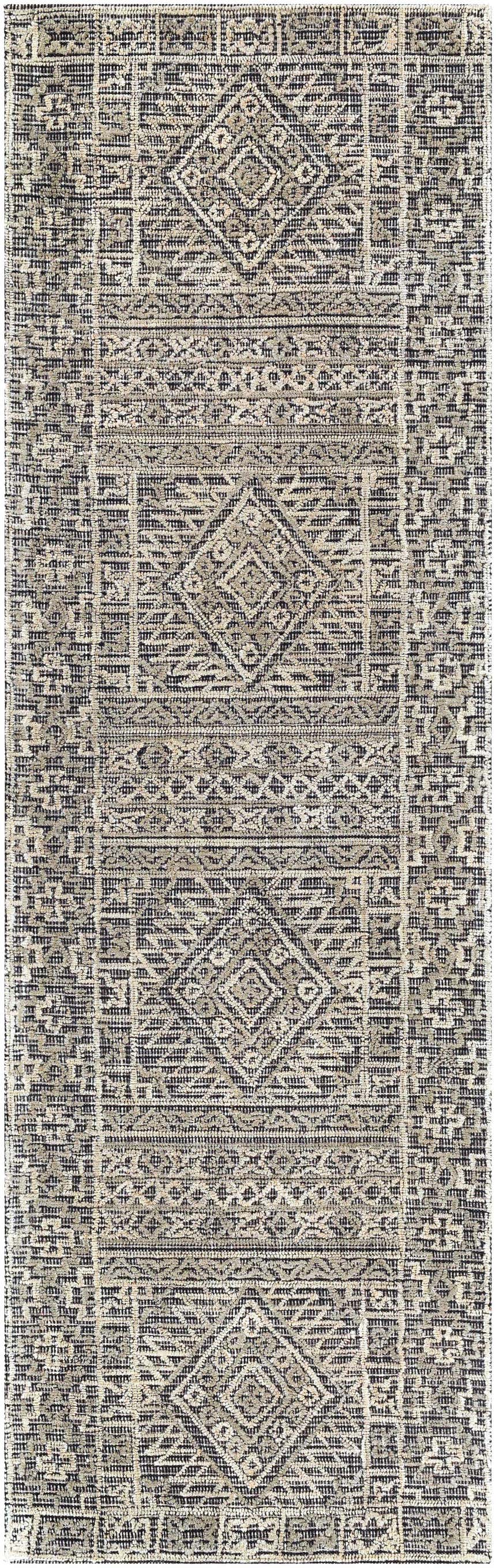 Close-up of the Nairne Textured Wool Area Rug. Black, gray, and taupe colors with a bohemian diamond pattern. Design-Runner-268