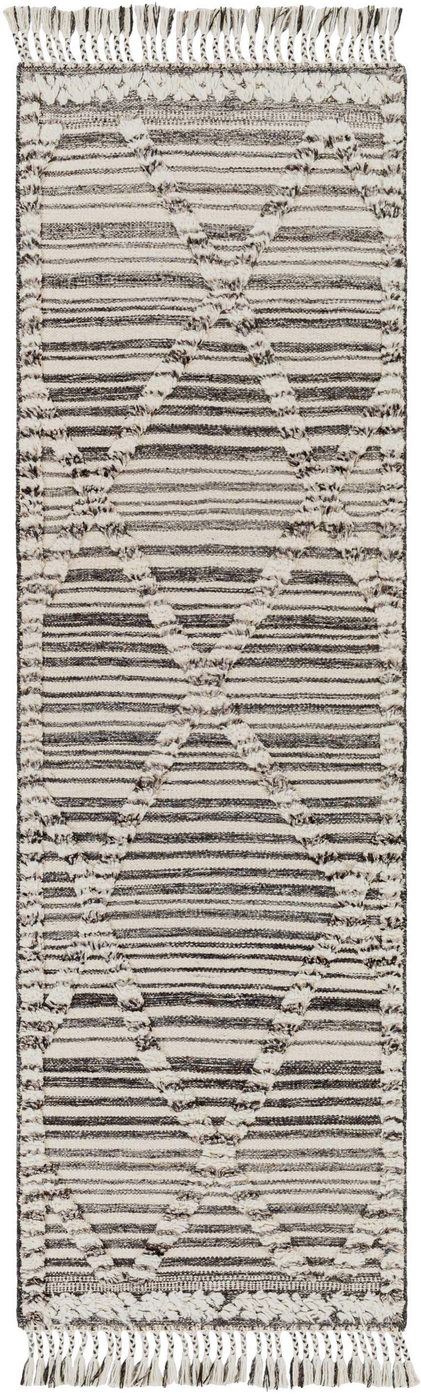Close-up of the Nairobi Area Rug. Hand-knotted wool rug in black, gray, and ivory with striped and geometric patterns. Design-Runner-268