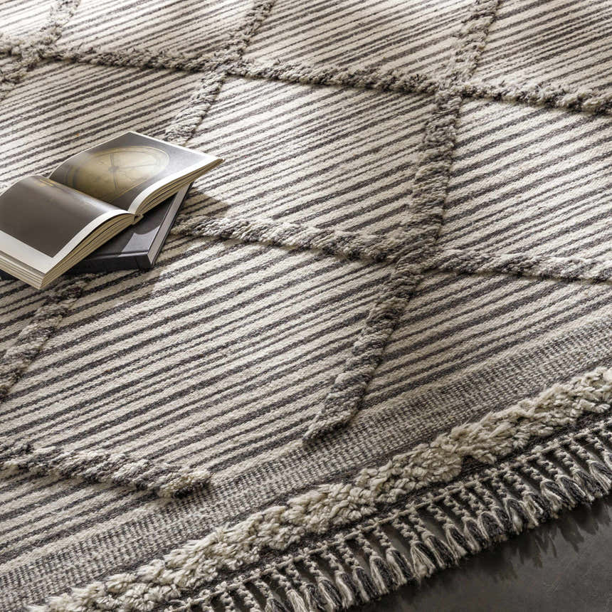 Close-up of the Nairobi Area Rug: black and ivory striped wool rug with knotted fringe and a book on top. Styleshot