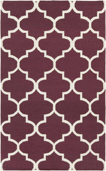 Close-up of Nassau Area Rug. Dark purple wool rug with an ivory quatrefoil pattern, hand woven. Design-Rectangle-58