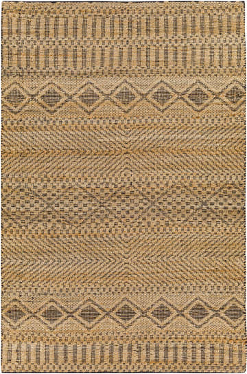 Close-up of the hand woven Nasugbu Jute Carpet, featuring a geometric pattern in tan and black. Design-Rectangle-576