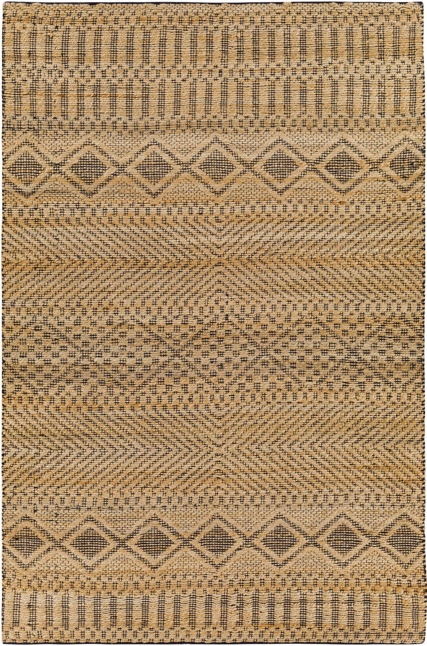 Close-up of the hand woven Nasugbu Jute Carpet, featuring a geometric pattern in tan and black. Design-Rectangle-576