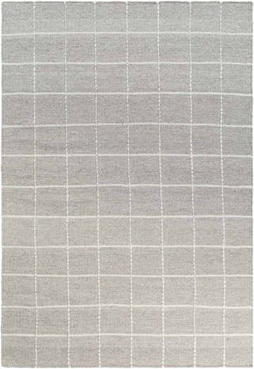Close-up of the Nissa Sterling Gray Area Rug. Hand woven wool rug with ash gray and light silver grid pattern. Design-Rectangle-576