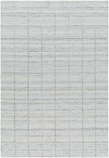 Close-up of the hand woven Nissa Light Gray Checkered Wool Rug, showing its texture and light silver, gray, and blue tones. Design-Rectangle-576