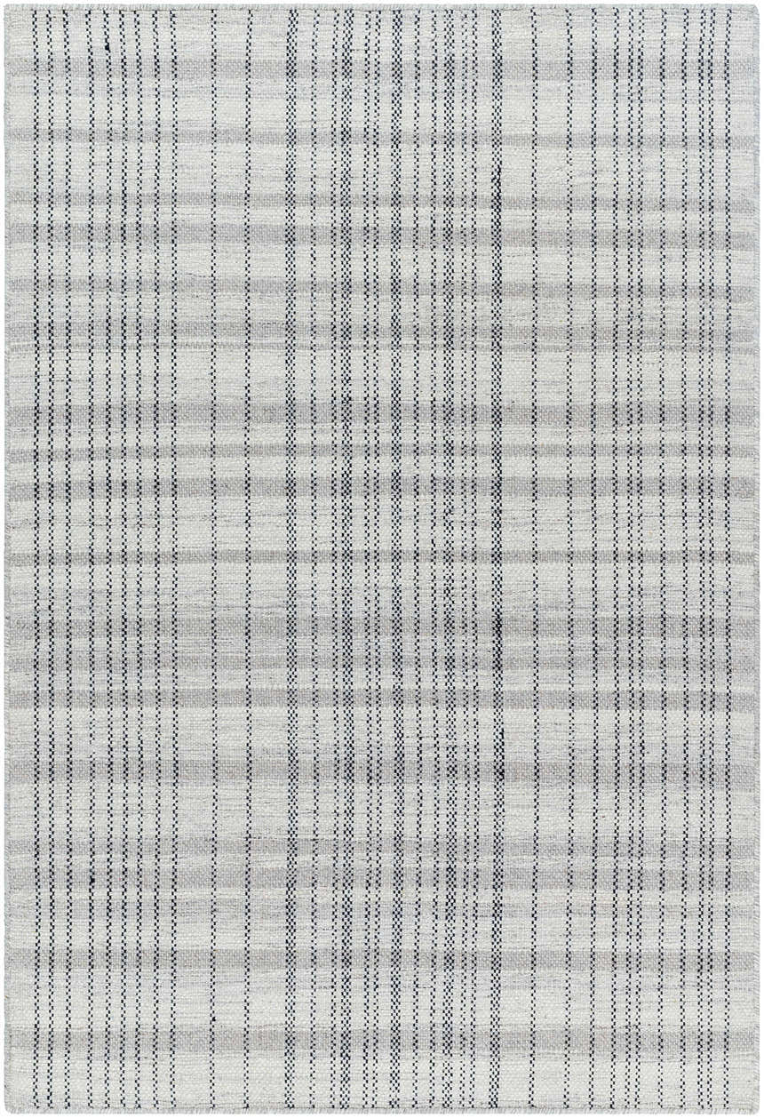 Close-up of the hand woven Nissa Blue Gray Checkered Area Rug, a wool rug with a farmhouse style checkered pattern. Design-Rectangle-576