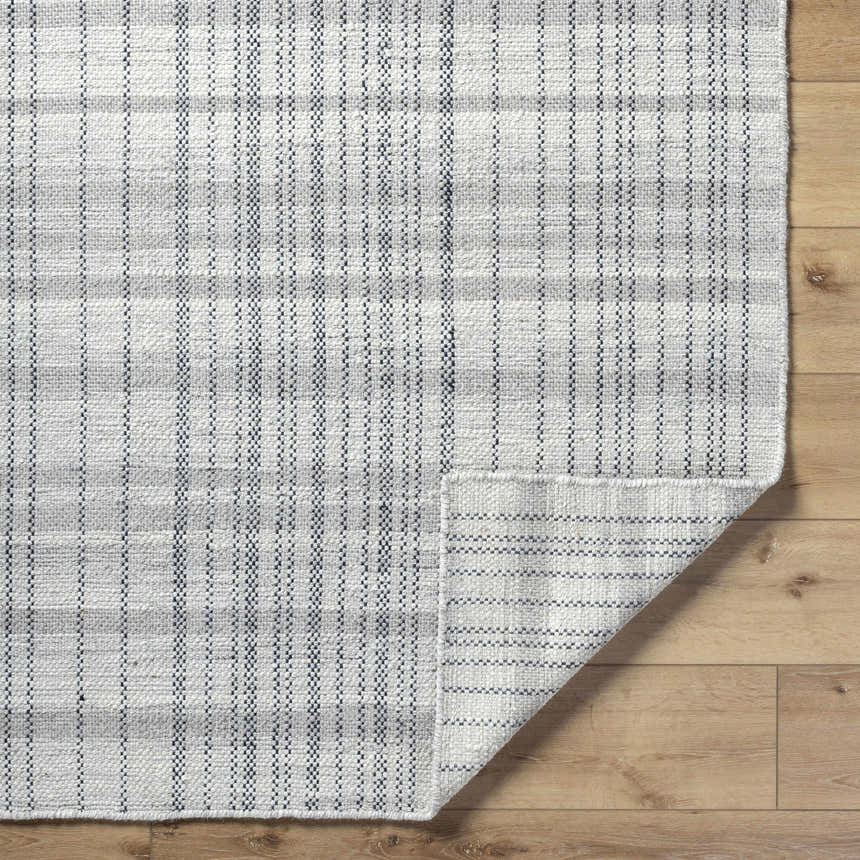 Close-up of the hand-woven Nissa Blue Gray Checkered Area Rug showing its light silver, sage, and slate blue tones. Fold