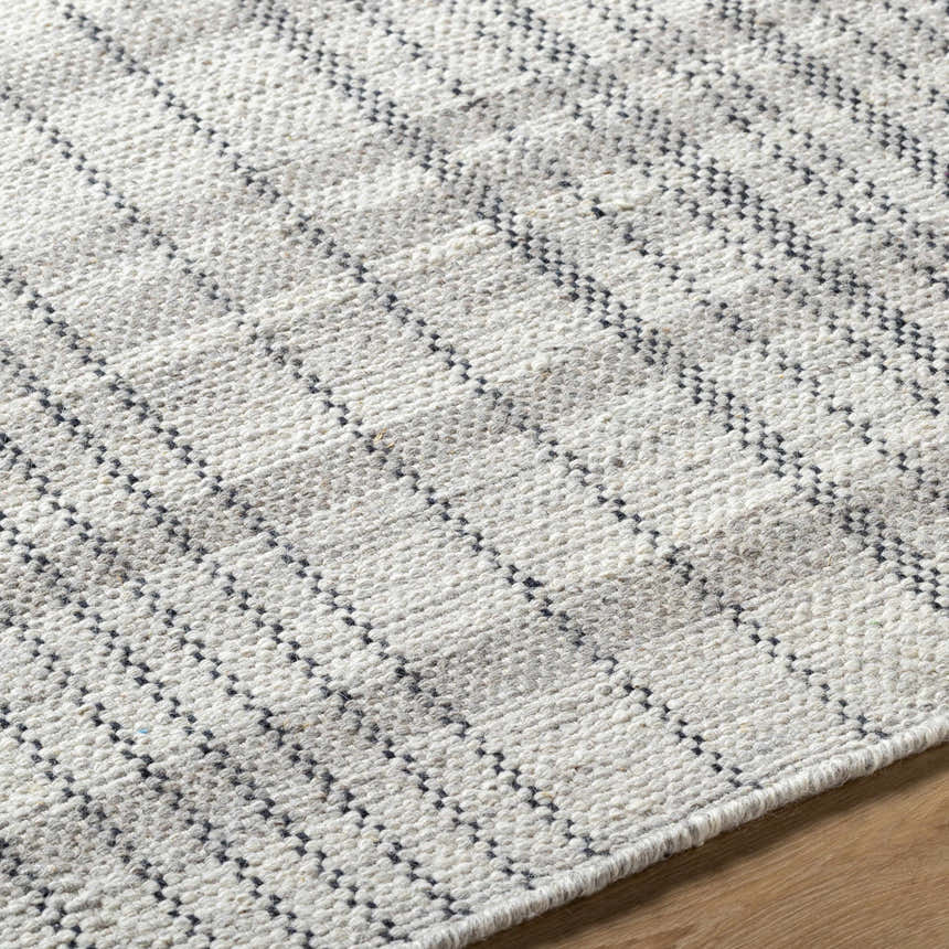 Close-up of the hand woven Nissa Blue Gray Checkered Area Rug showing its light silver, sage, and slate blue checkered design. Texture