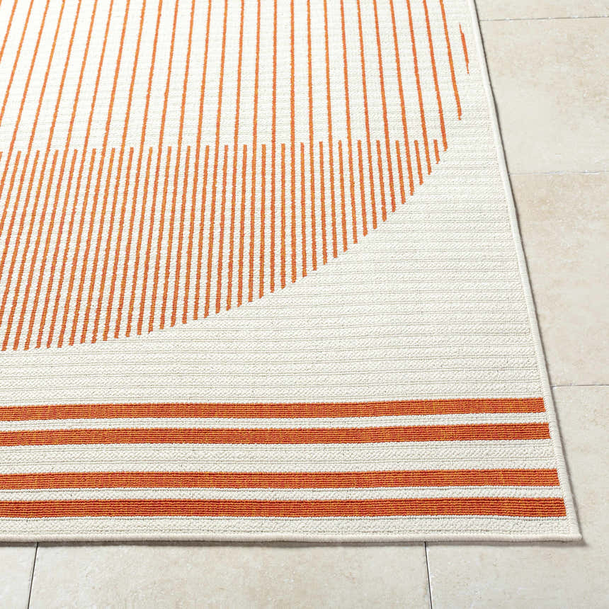 Close-up of the Nabil Cream Area Rug showing its cream and orange striped contemporary pattern and machine woven texture. Front