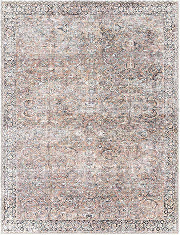 Peach Noda Vintage Washable Area Rug with a traditional Persian-style pattern in brick red, pink, and navy. Machine woven rug. Design-Rectangle-537