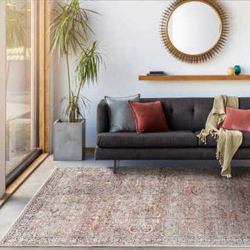 Living room scene with Peach Noda Vintage Washable Area Rug, gray sofa, and natural light. Farmhouse style rug. Roomscene-Rectangle