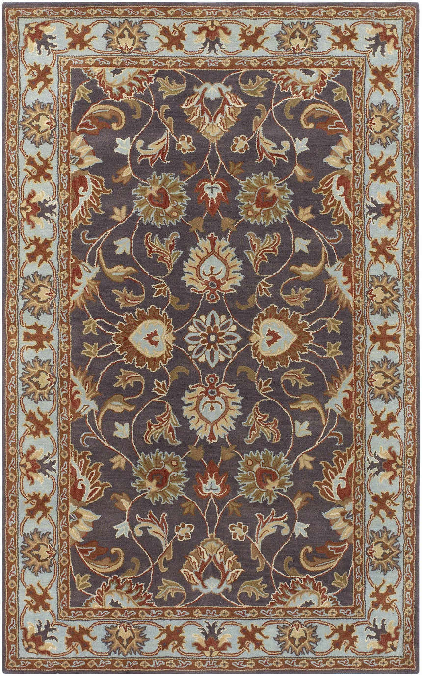Detailed floral pattern on the Cherryfield 1004 wool rug. Beige, burnt orange, charcoal, and blue hues. Design-Rectangle-58