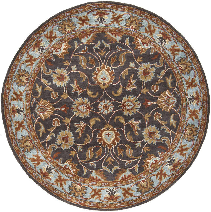Close-up of round Cherryfield 1004 rug. Hand-tufted wool rug in beige, burnt orange, charcoal, and ice blue floral pattern. Design-Round-6