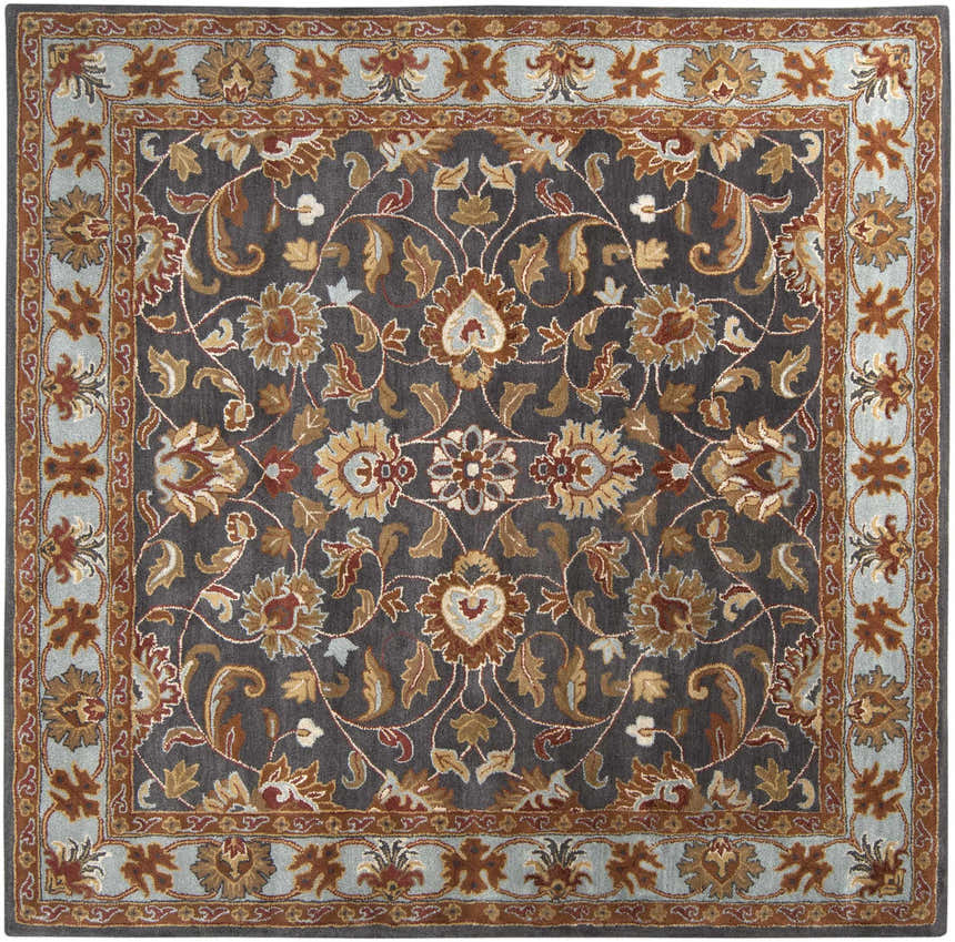 Detailed floral pattern on the Cherryfield 1004 hand-tufted wool area rug. Beige, burnt orange, and slate blue hues. Design-Square-8