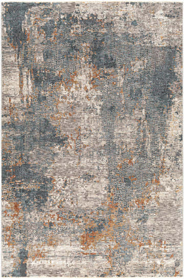 Close-up of the Andreas Luxe Fringe Rug, featuring a contemporary abstract pattern in brick red, dark blue, and gray. Design-Rectangle-575