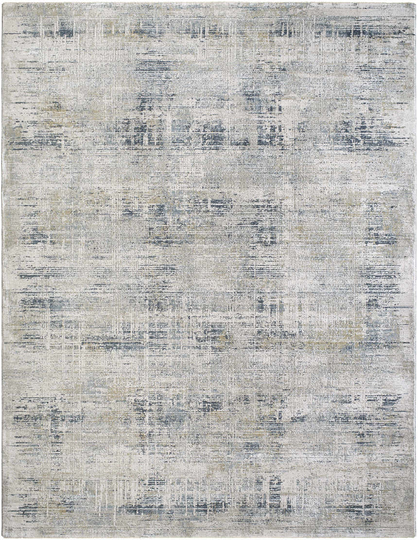 Close-up of the Neron Thick Luxe Abstract Rug. Features blue, charcoal, cream, and mustard colors in a Southwestern style. Design-Rectangle-710103