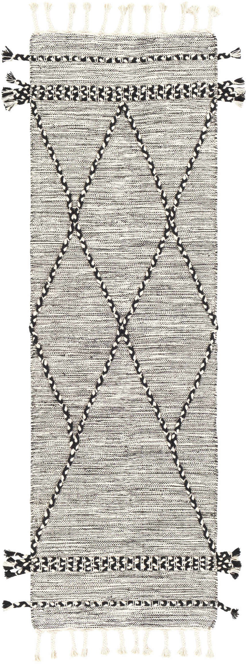 Close-up of Neal Black/Cream Trellis Cotton Rug with Tassels, featuring a hand-woven black and cream diamond pattern. Design-Runner-268