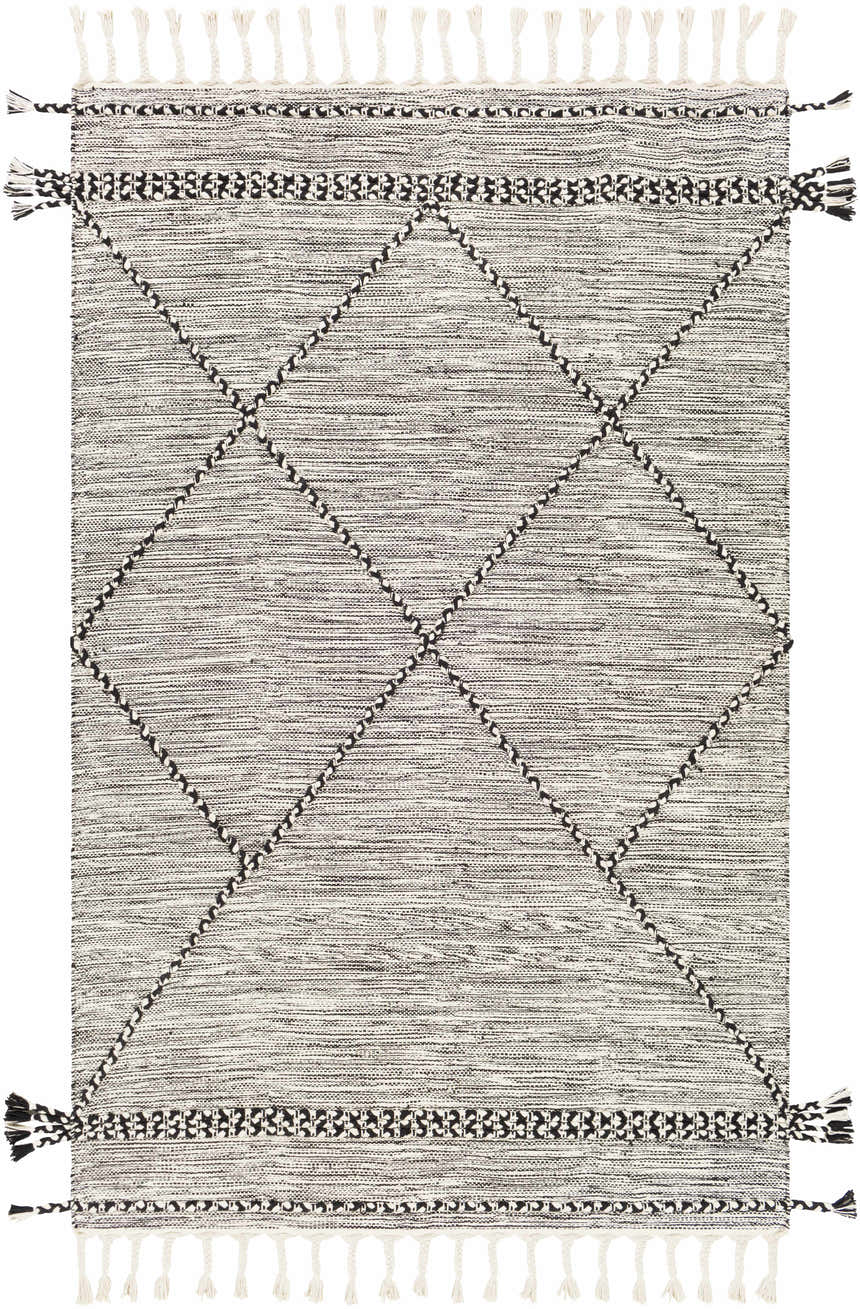 Neal Black/Cream Trellis Cotton Rug, hand woven with black diamond pattern and tassels, farmhouse style. Design-Rectangle-576