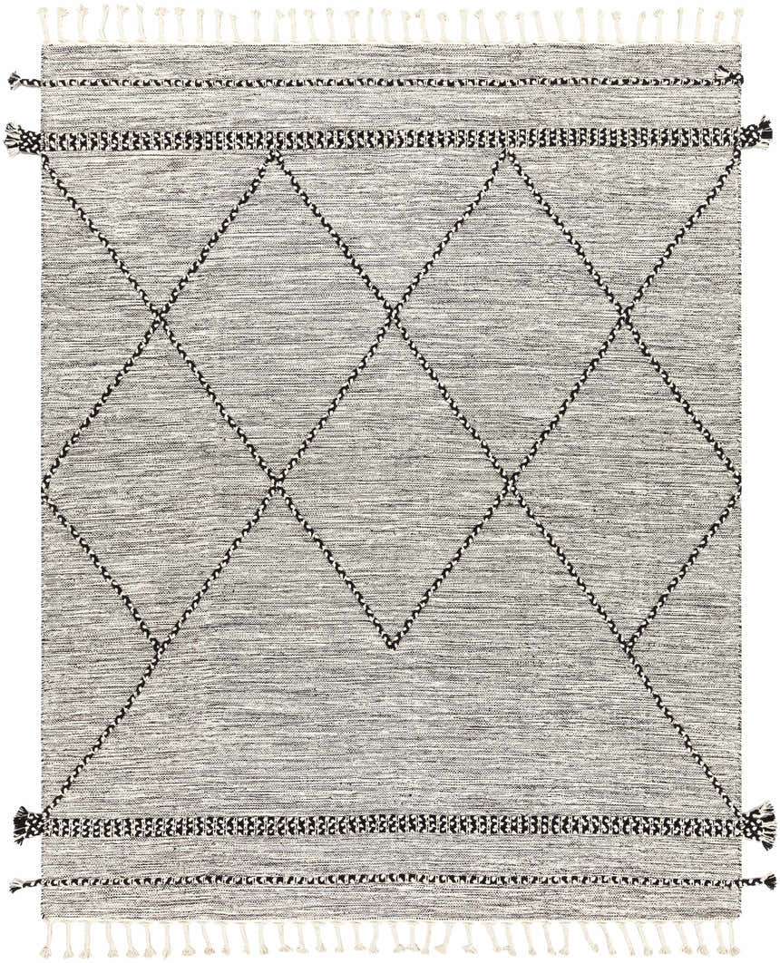 Close-up of a Neal Black/Cream Trellis Cotton Rug with tassels. Hand woven rug with a geometric trellis pattern. Design-Rectangle-810