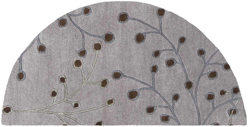 Close-up of Sage Brown Elsu Area Rug showing floral design with brown and sage accents on a gray wool texture. Design-Hearth