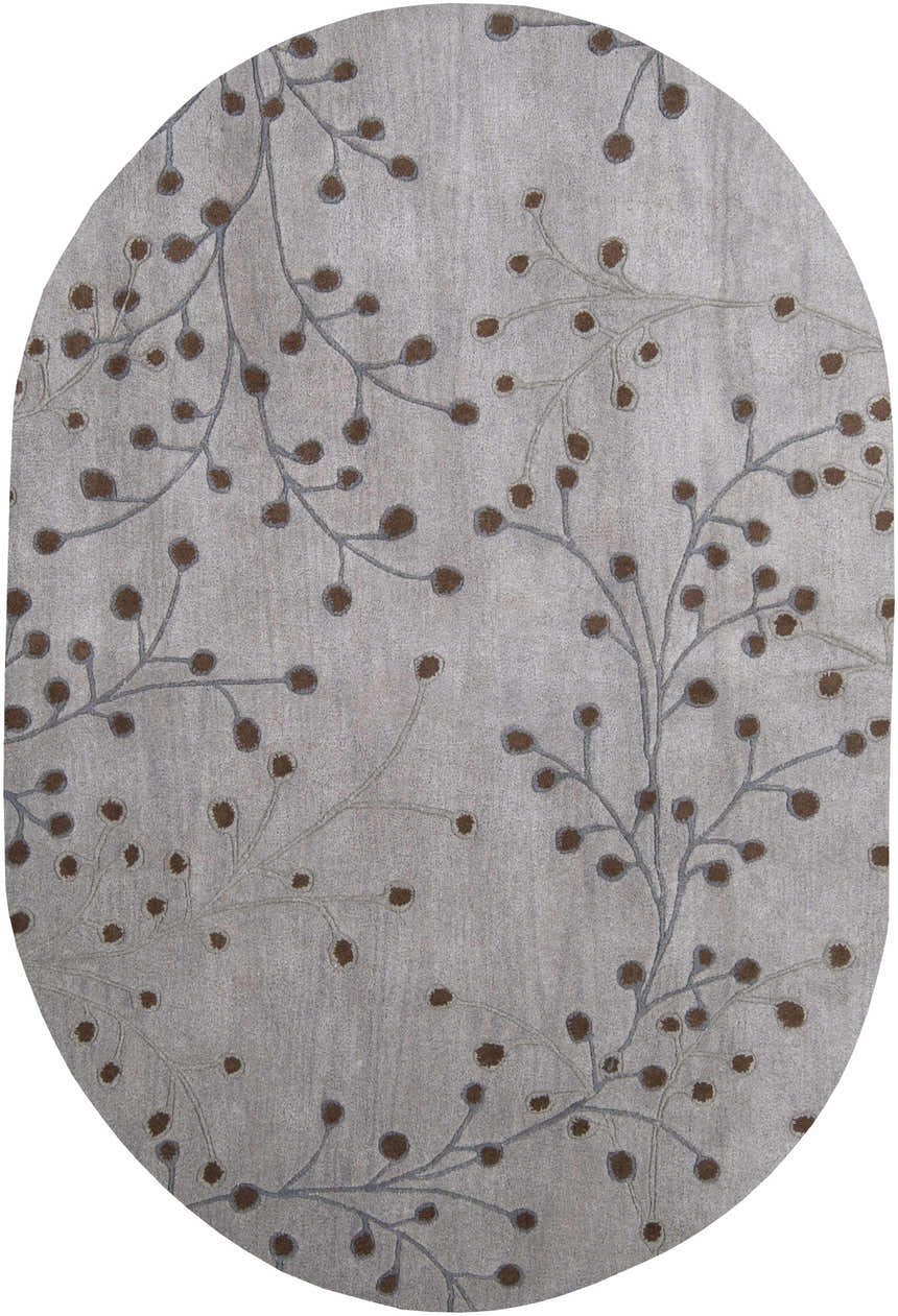 Close-up of the oval Sage Brown Elsu Area Rug. Features a floral pattern with dark brown dots and dusty sage branches. Design-Oval-69