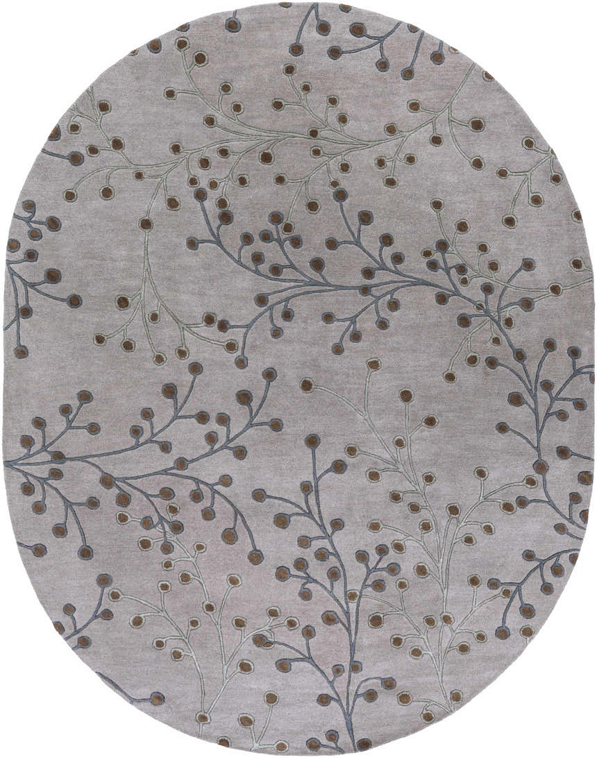 Oval Sage Brown Elsu Area Rug with a botanical design in dusty sage, dark brown, and gray. Wool, hand-tufted texture. Design-Oval-810