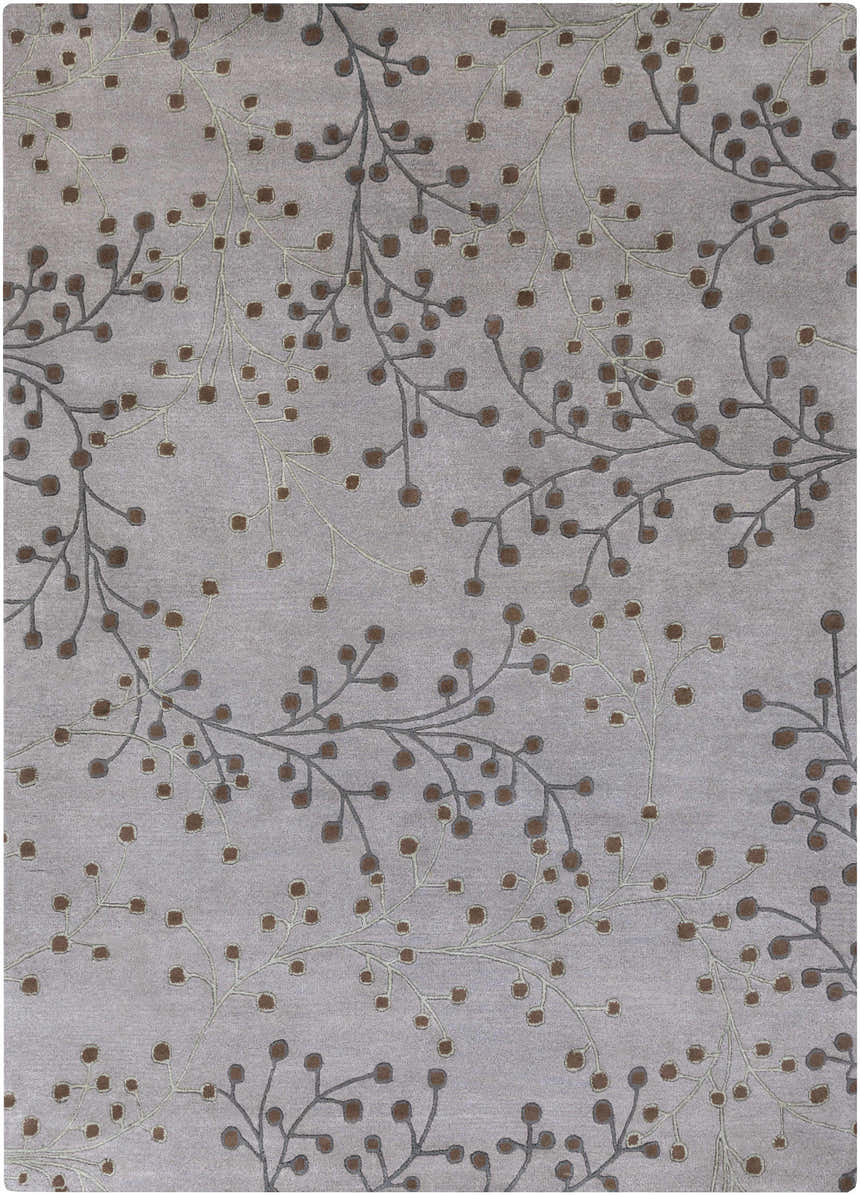Close-up of the Sage Brown Elsu Area Rug. Wool rug with a botanical pattern in brown, sage, and gray on a neutral background. Design-Rectangle-811