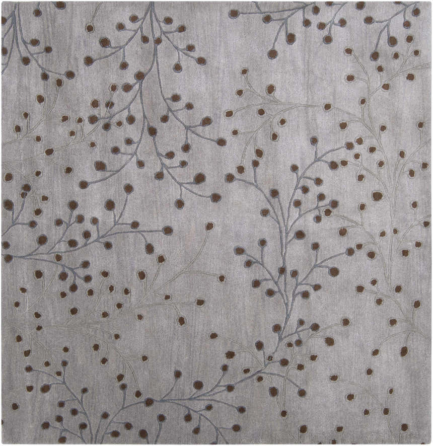 Close-up of Sage Brown Elsu Area Rug with a floral design in dark brown and dusty sage colors. Hand-tufted wool texture. Design-Square-8