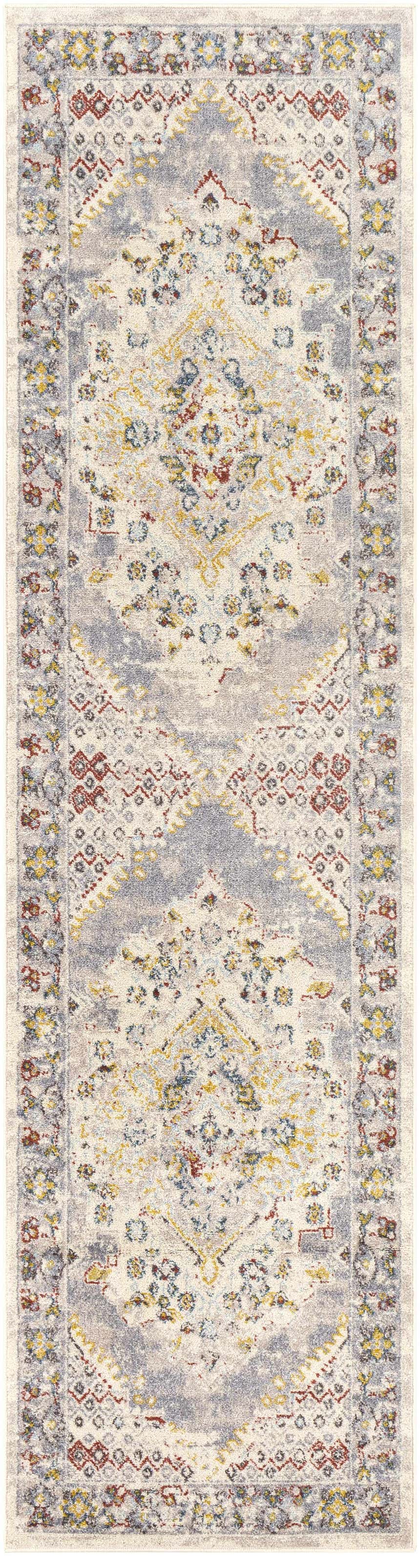 Close-up of Newkirk Area Rug runner with traditional design in brick red, charcoal, cream, blue, gray, and mustard. Design-Runner-2710