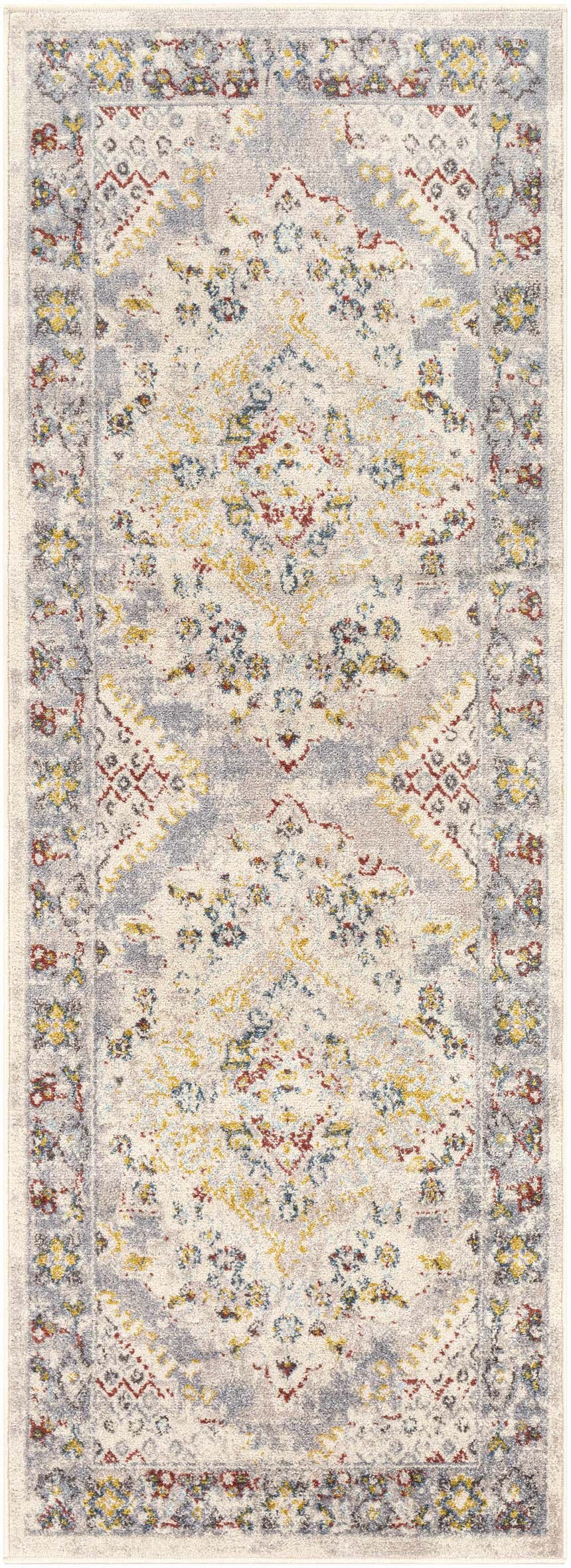 Close-up of the Newkirk Area Rug, a machine-woven rug with a traditional pattern in brick red, charcoal, cream, and mustard. Design-Runner-2773