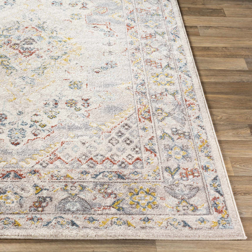 Close-up of the Newkirk Area Rug showing its brick red, charcoal, cream, and blue bohemian pattern on wood flooring. Front