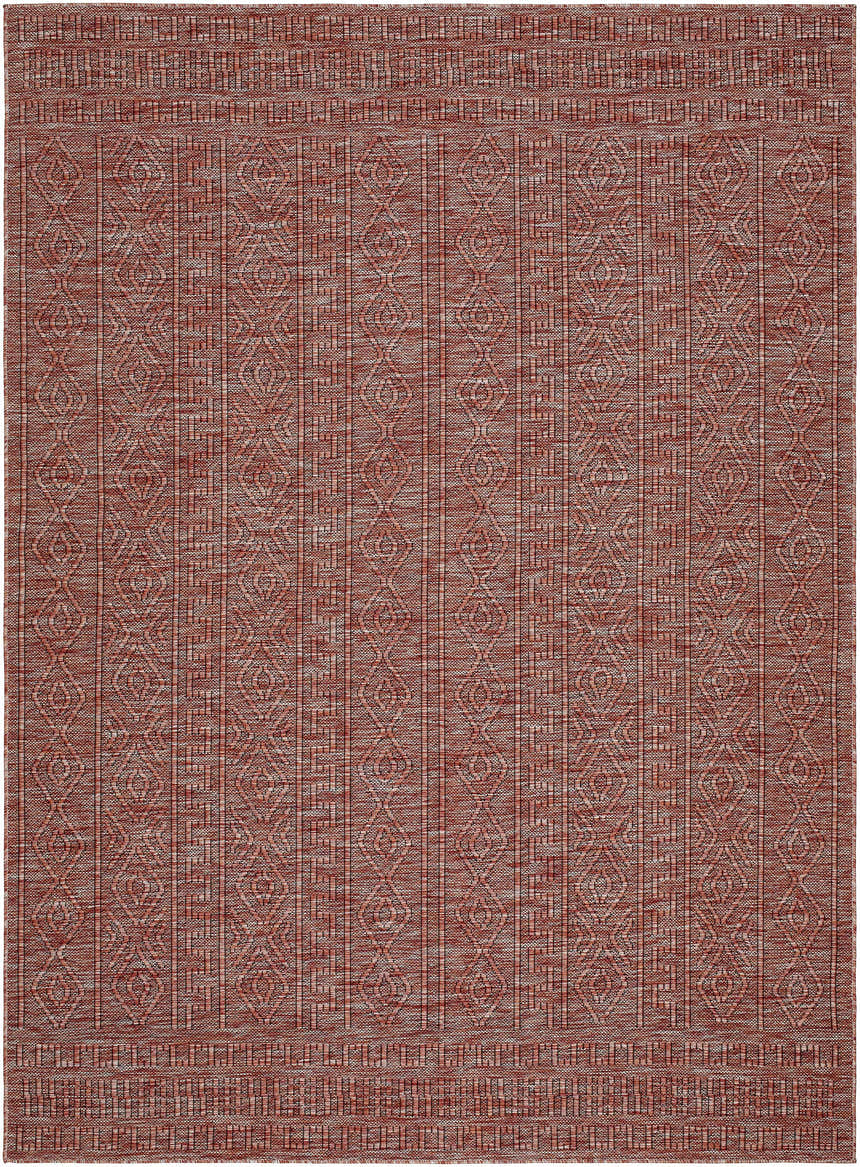 Close-up of the Nuela Burgundy Area Rug, a machine-woven rectangle with a farmhouse-style diamond and geometric pattern. Design-Rectangle-537